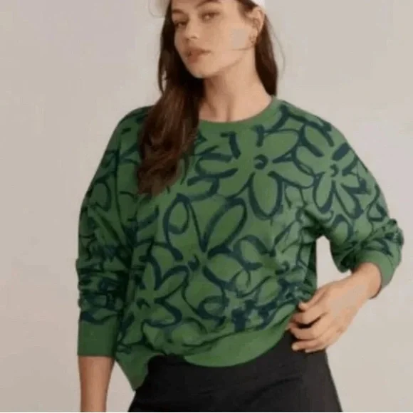 Maeve Sketchy Floral Sweatshirt Women’s 1X Green & Blue Allover Printed Crew - Picture 1 of 8